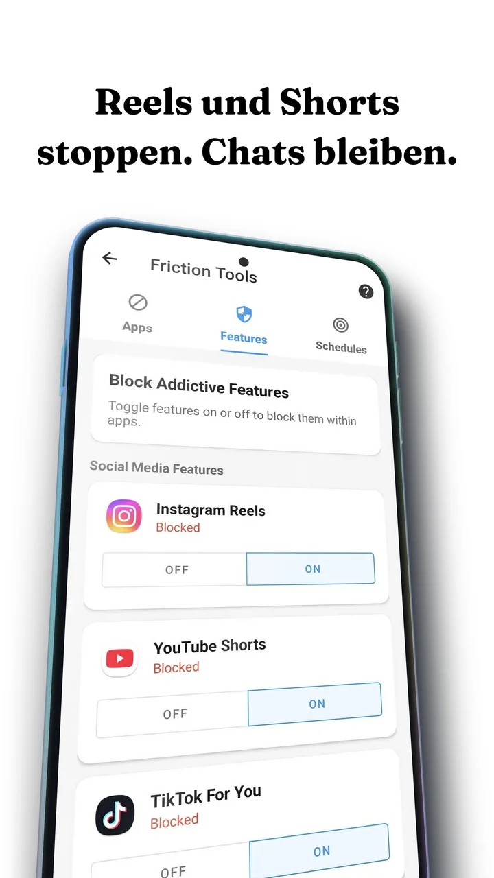 Der Feature-Blocking-Bildschirm von Fluid Friction auf Android, mit Instagram Reels, YouTube Shorts und TikTok For You eingeschaltet und als gesperrt markiert