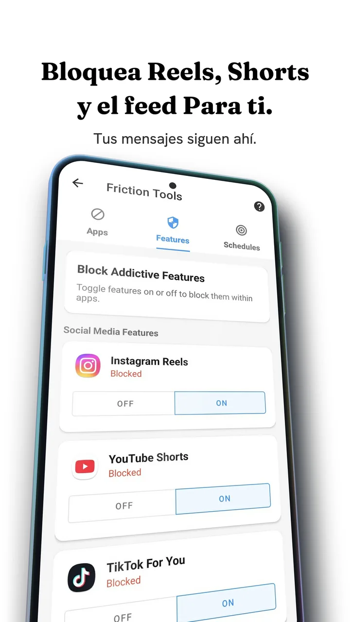 La pantalla Feature Blocking de Fluid Friction en Android, una lista de feeds como Instagram Reels, YouTube Shorts y TikTok For You, cada uno activado y marcado como bloqueado