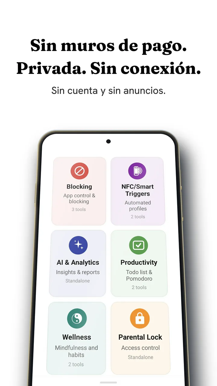 La pantalla de herramientas de Fluid Friction en Android: Blocking, NFC/Smart Triggers, AI y Analytics, Productivity, Wellness y Parental Lock