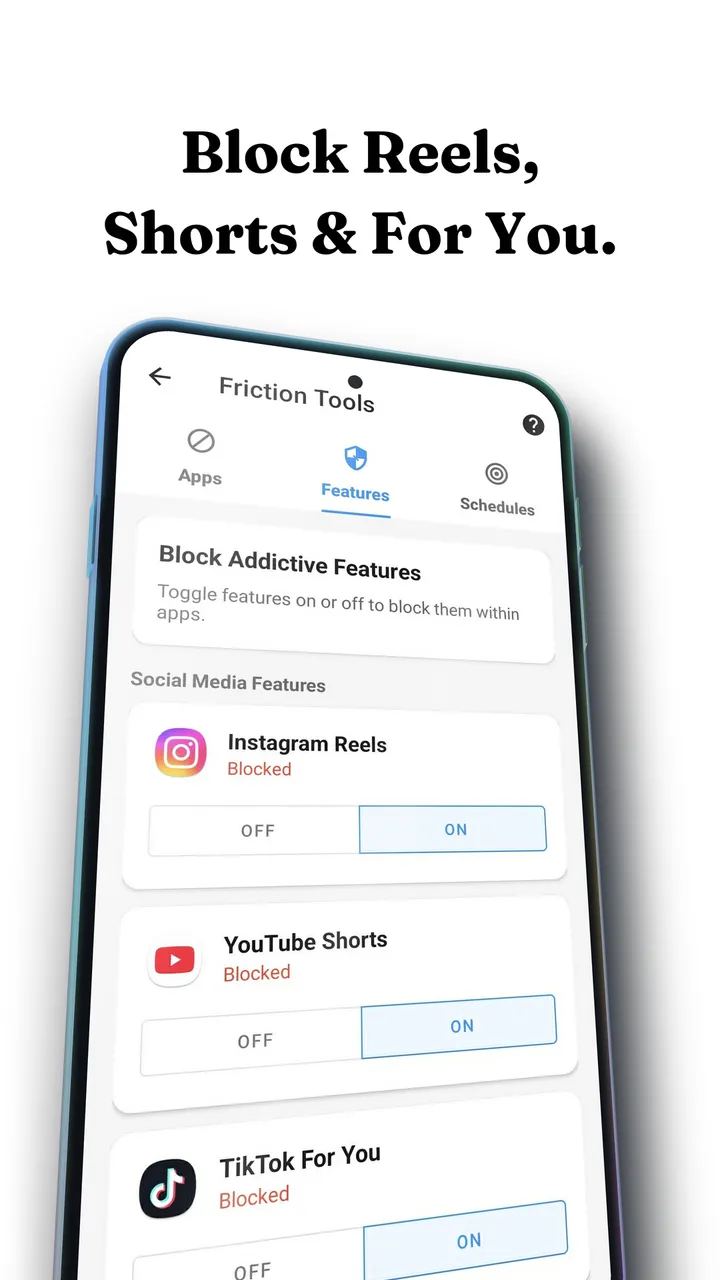 Fluid Friction's Feature Blocking screen on Android, a list of feeds such as Instagram Reels, YouTube Shorts and TikTok For You, each switched on and marked Blocked