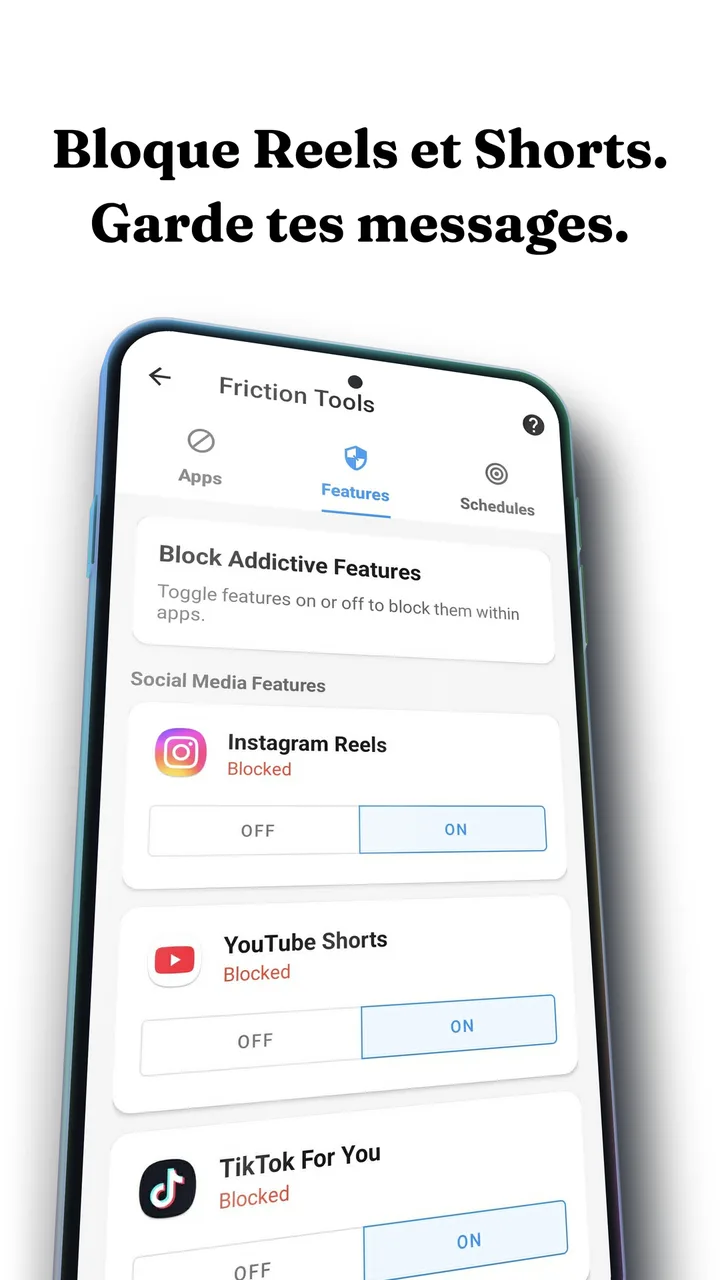 L'écran Feature Blocking de Fluid Friction sur Android, une liste de fils comme Instagram Reels, YouTube Shorts et TikTok For You, chacun activé et marqué comme bloqué