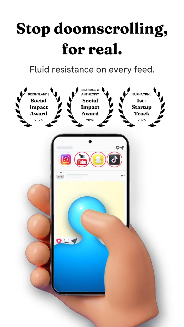 A hand holding a phone running Fluid Friction, a blue friction bubble rising on a social feed, beside three 2026 award laurels