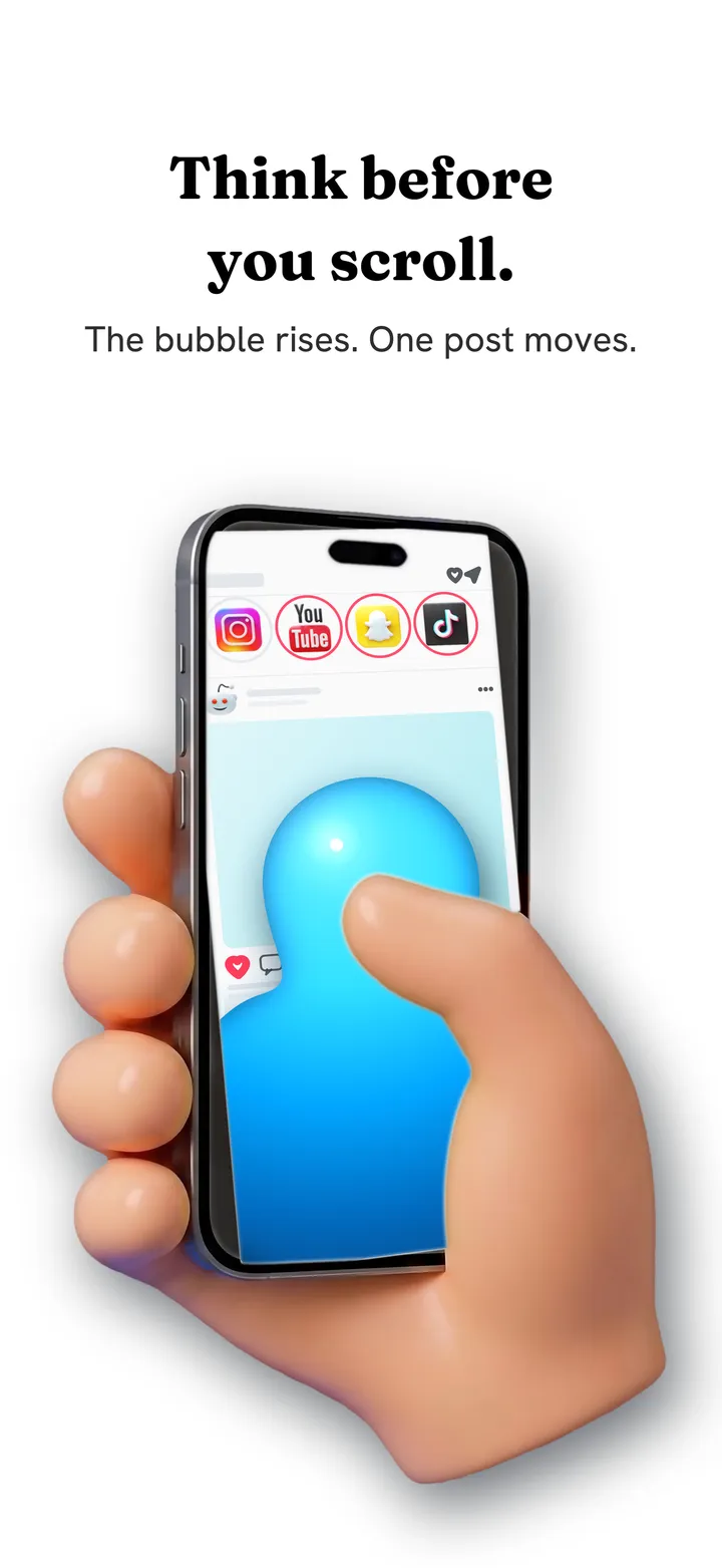 Fluid Friction を表示した iPhone を持つ手。フィード上に青い摩擦の泡が浮かんでいる
