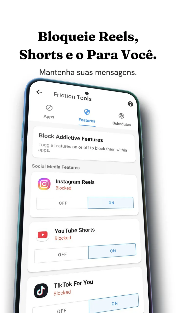 A tela Feature Blocking do Fluid Friction no Android, com Instagram Reels, YouTube Shorts e TikTok For You ligados e marcados como bloqueados