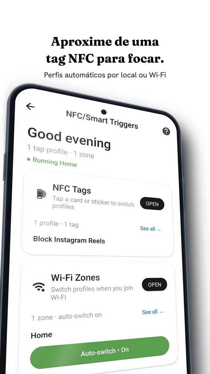 A tela NFC/Smart Triggers do Fluid Friction no Android, com um perfil de tag NFC que bloqueia o Reels do Instagram e uma zona de Wi-Fi que liga sozinha em casa