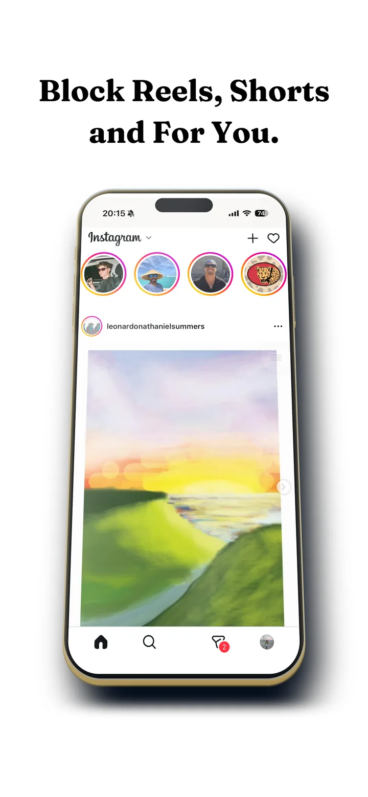 Instagram on an iPhone opened in Fluid Friction, with no Reels tab: the bottom bar shows only Home, Search, Messages and Profile